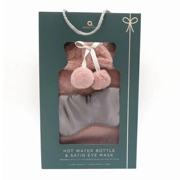 Aroma Home hot water bottle and eye mask set pink faux fur 2 litres (British brand)