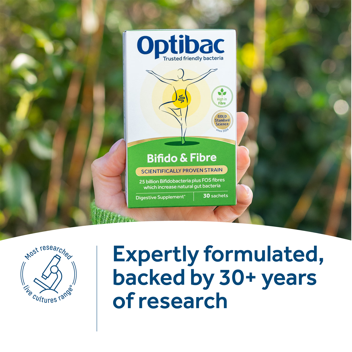 Optibac Bifido & Fibre 30 sachets probiotic supplement, imported from the UK