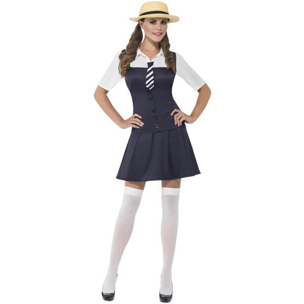 Smiffys school girl costume with dress, shirt, tie, hat (British brand)