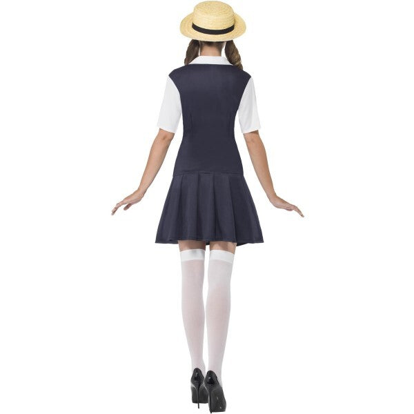 Smiffys school girl costume with dress, shirt, tie, hat (British brand)