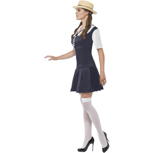 Smiffys school girl costume with dress, shirt, tie, hat (British brand)