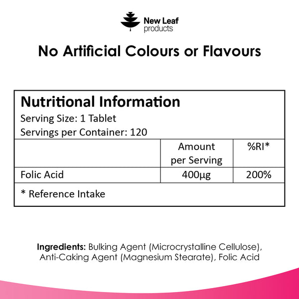 New Leaf folic acid 400mcg tablets 120 count, imported from the UK