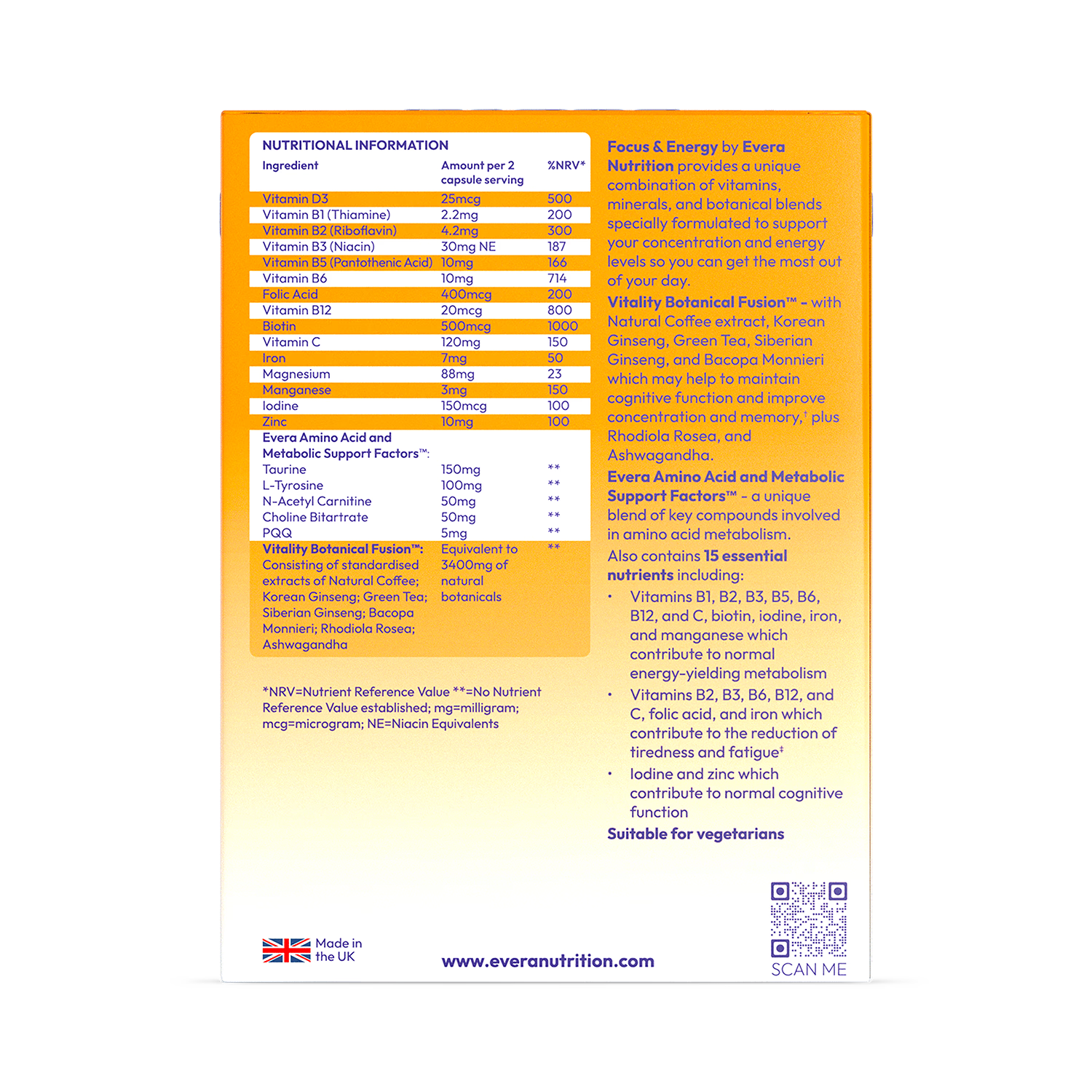 Evera Nutrition Focus and Energy 60 capsules (British brand)