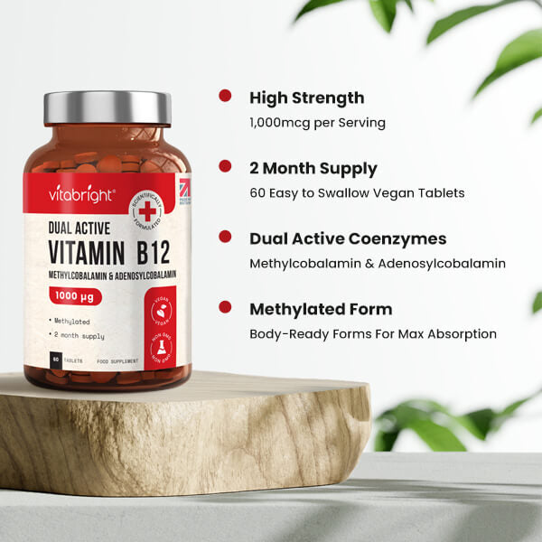 VitaBright Dual Active Vitamin B12 supplement 60 vegan tablets, UK version