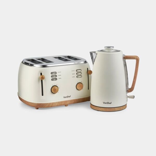 Vonhaus kettle and toaster set cream and wood finish (British brand)