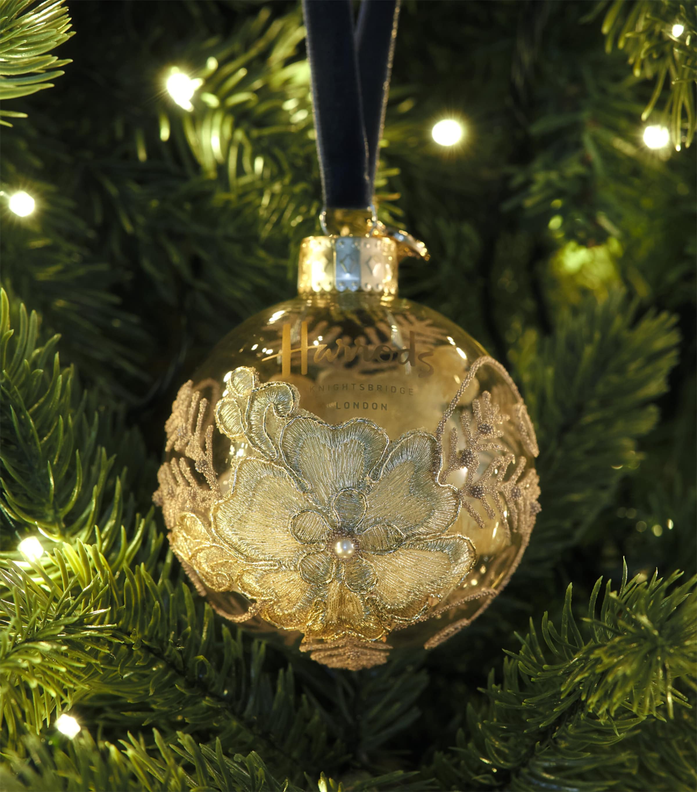Harrods embroidered flower bauble with gold-tone decoration, imported from the UK