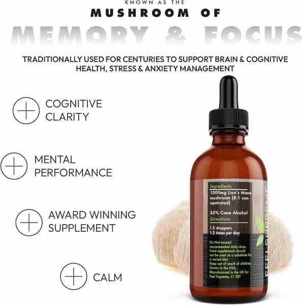 Feel Supreme Lion's Mane Mushroom Liquid 60ml, imported from the UK