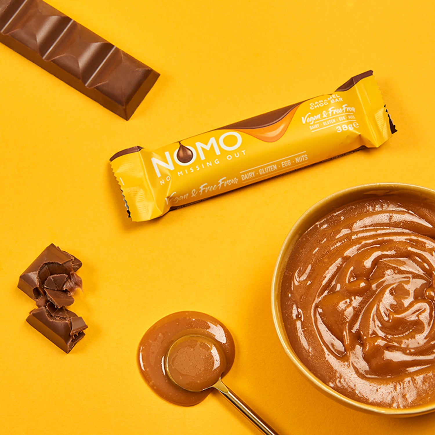 NOMO Vegan Caramel Filled Chocolate Bar 38g, imported from the UK