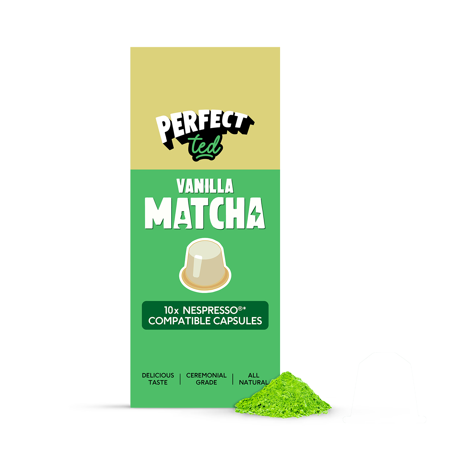 PerfectTed vanilla matcha green tea pods 10 pack, imported from the UK