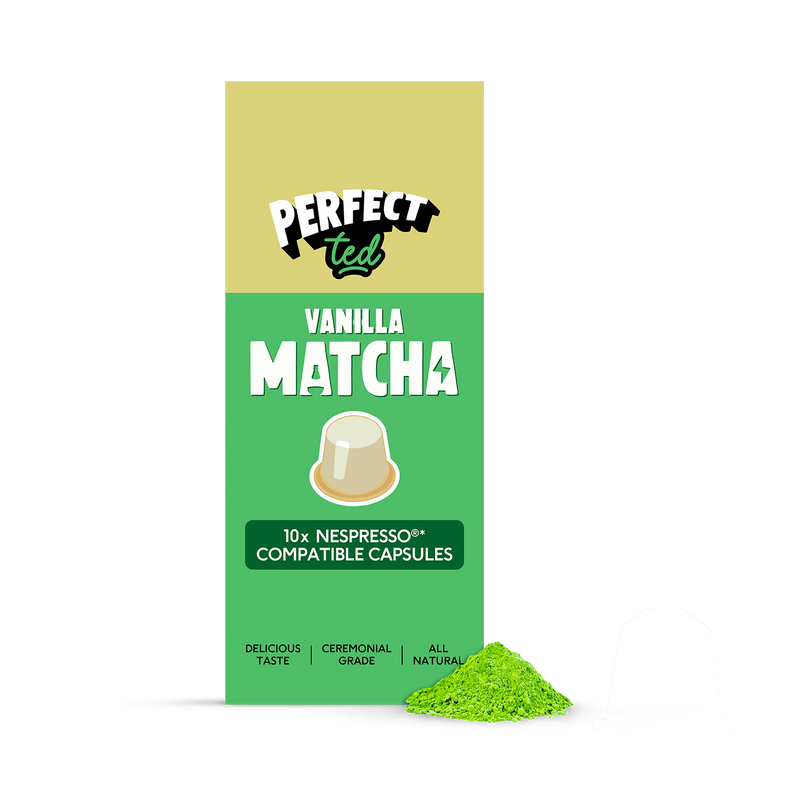 PerfectTed vanilla matcha green tea pods 10 pack, imported from the UK