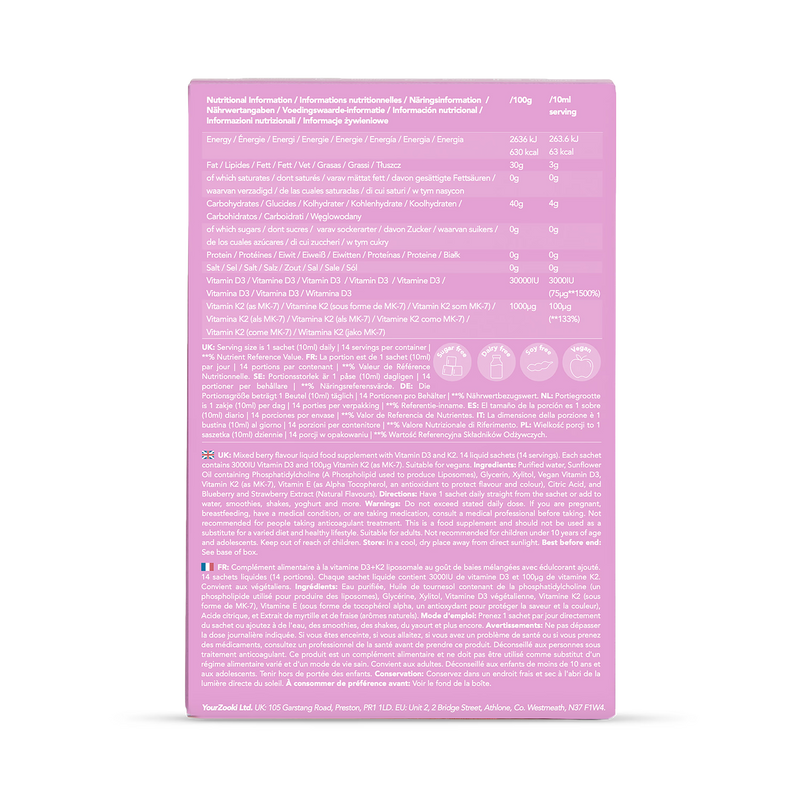 Zooki liposomal vitamin D3 K2 mixed berry 14 sachets (British brand)