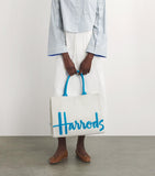 Harrods large cotton logo tote bag in ivory and blue, UK version