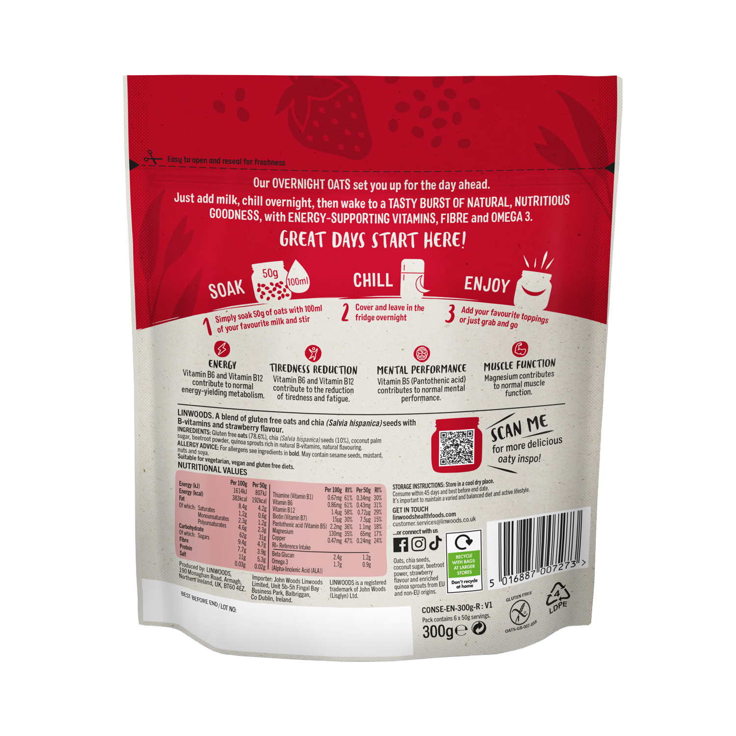 Linwoods overnight oats strawberry energy 300g (British brand)