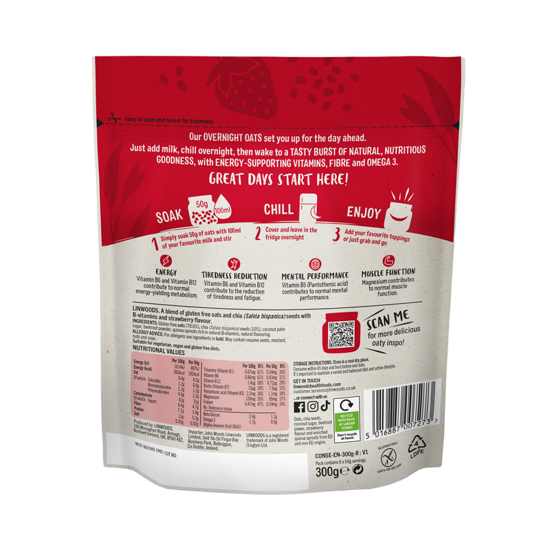 Linwoods overnight oats strawberry energy 300g (British brand)