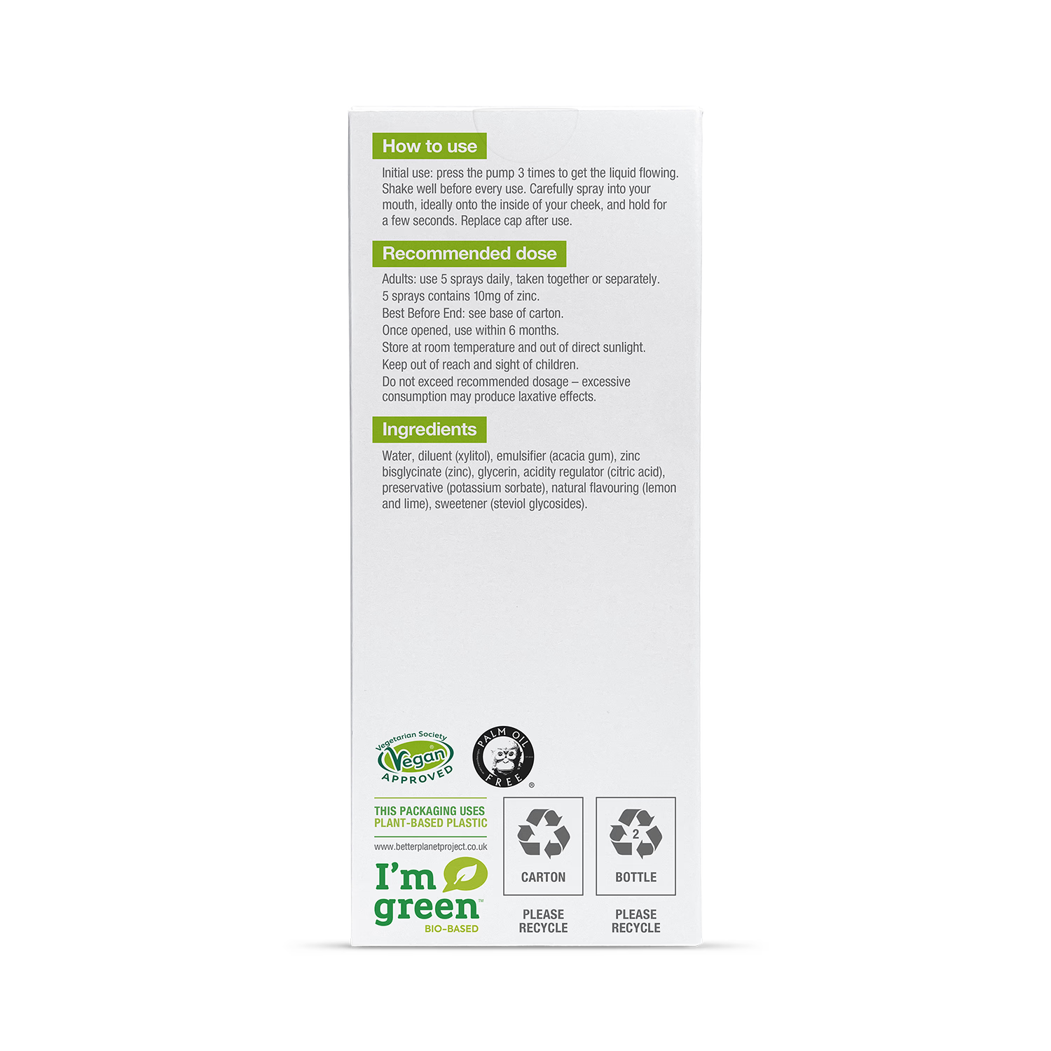 BetterYou Zinc Daily Oral Spray Lemon Lime 50 ml, imported from the UK