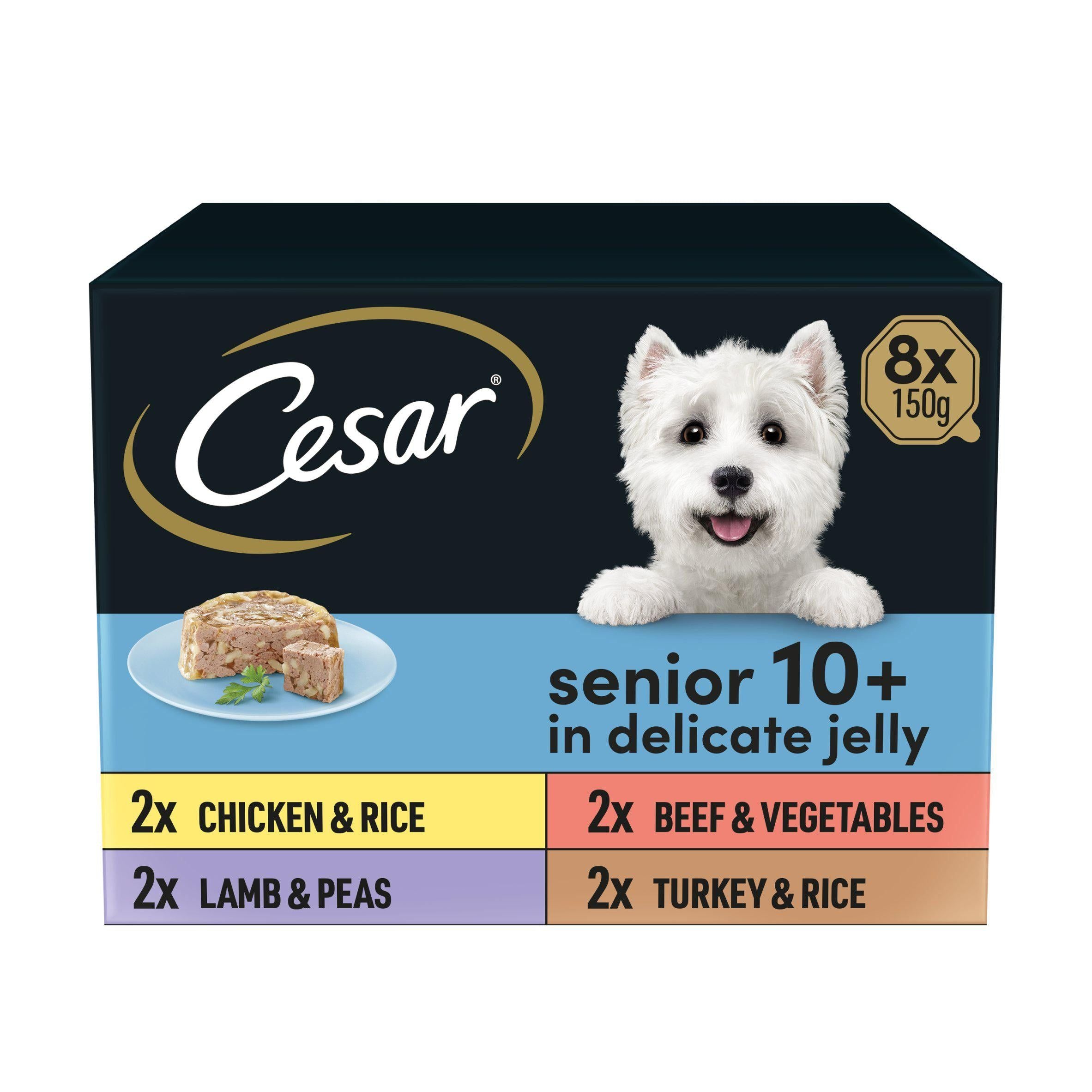 Cesar Senior Wet Dog Food Trays Meat in Delicate Jelly 8 x 150g Dog food cans trays & pouches Sainsburys   