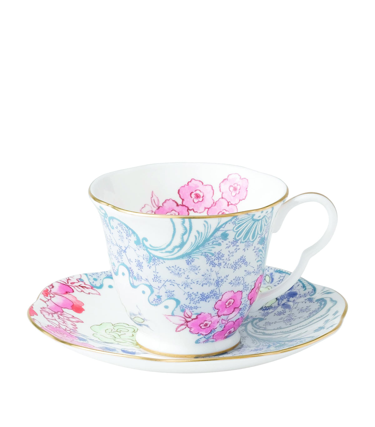 Wedgwood Butterfly Bloom teacup and saucer with floral design and gold banding (British brand)