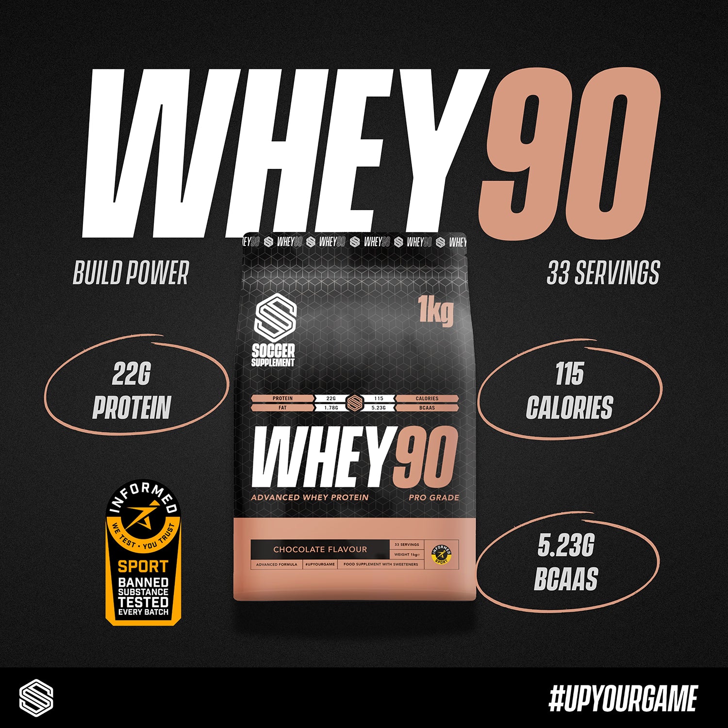 Soccer Supplement Whey90 chocolate whey protein 33 servings (British brand)