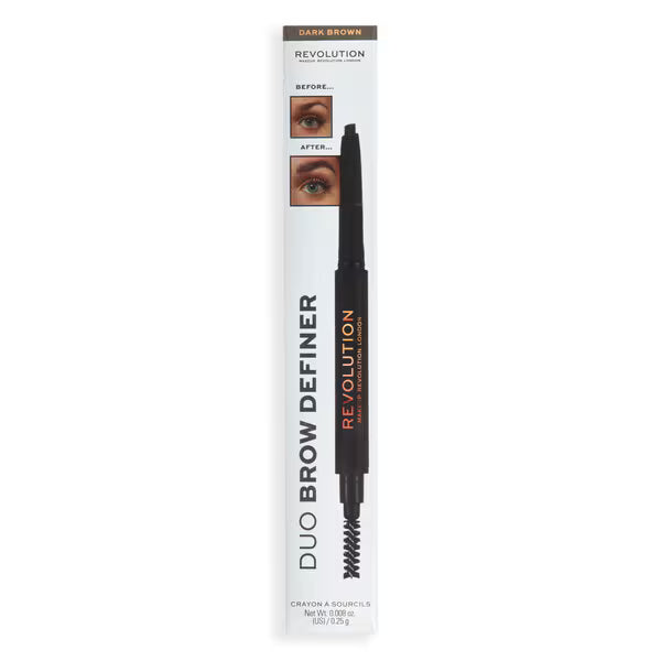 Revolution Duo Brow Definer Pencil Dark Brown, imported from the UK