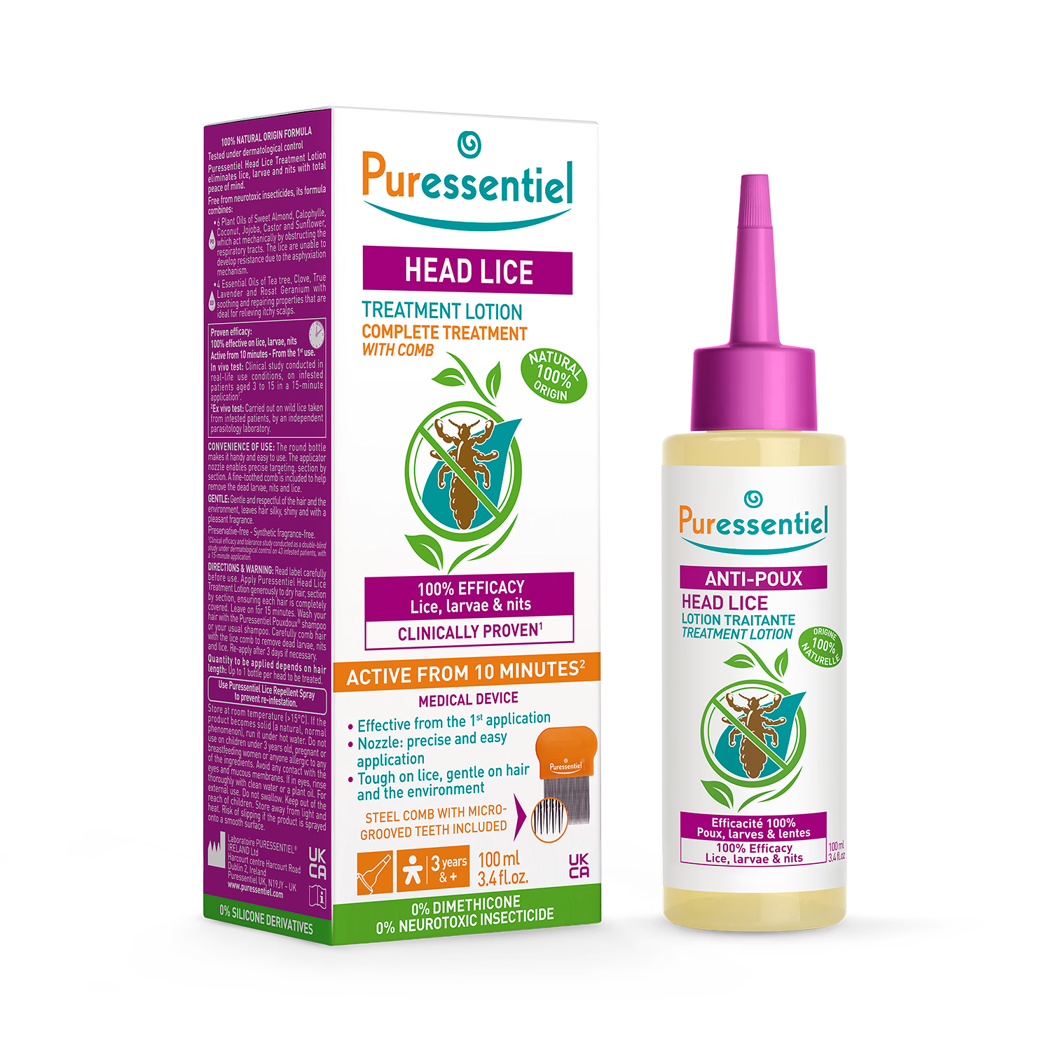 Puressentiel head lice treatment lotion with comb, imported from the UK