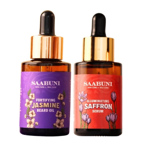 Saabuni fortifying beard oil and illuminating saffron serum grooming bundle, imported from the UK