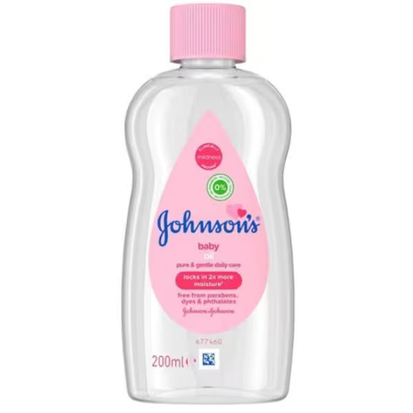 Johnson's Baby Oil liquid moisturizer bottle 200ml, UK version.