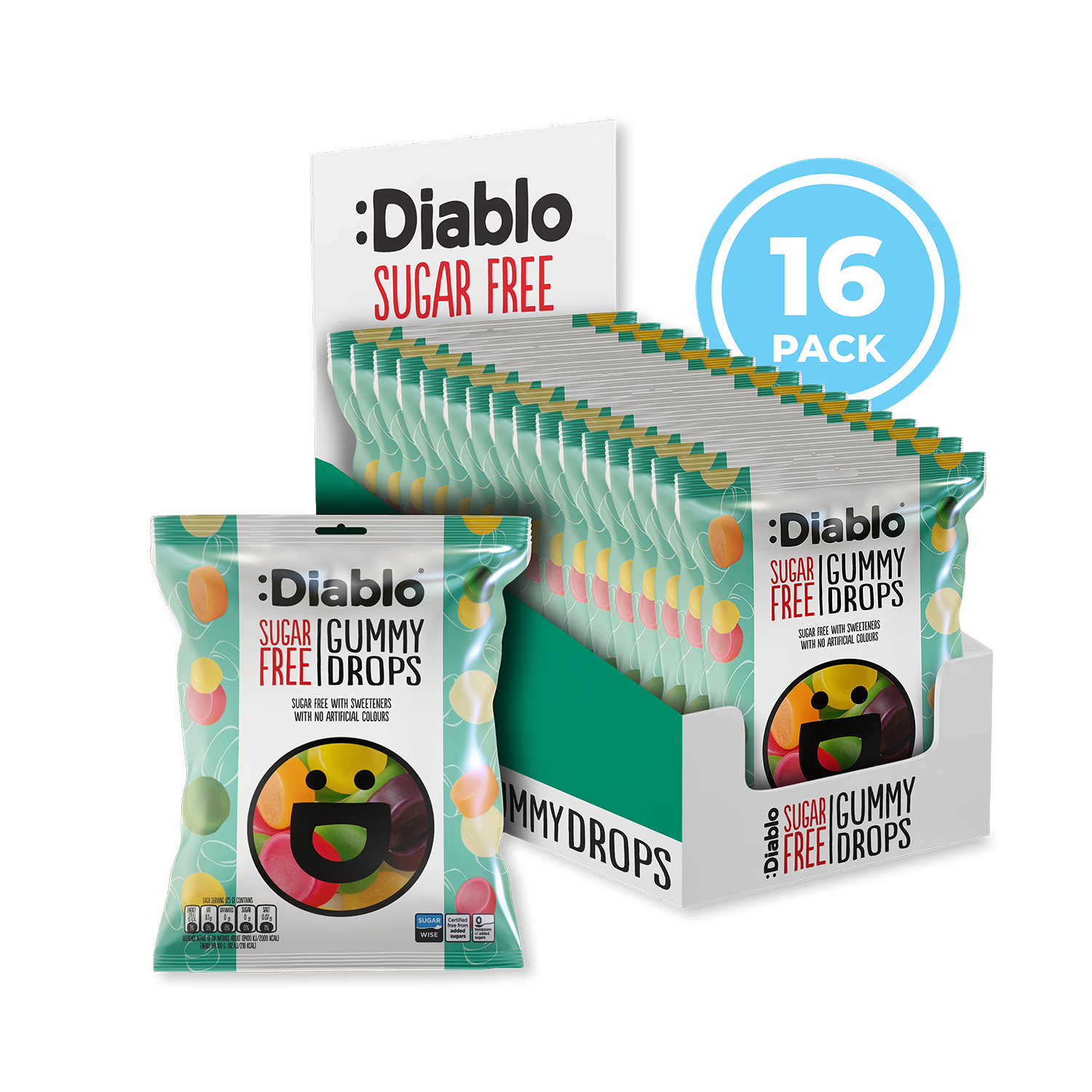 Diablo sugar free gummy drops 75g pack of 16 (British brand)