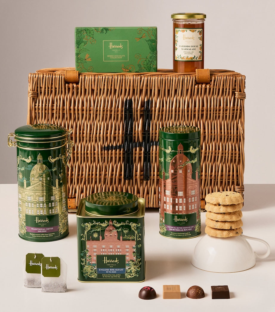 Harrods tea hamper wicker basket with assorted treats, UK version