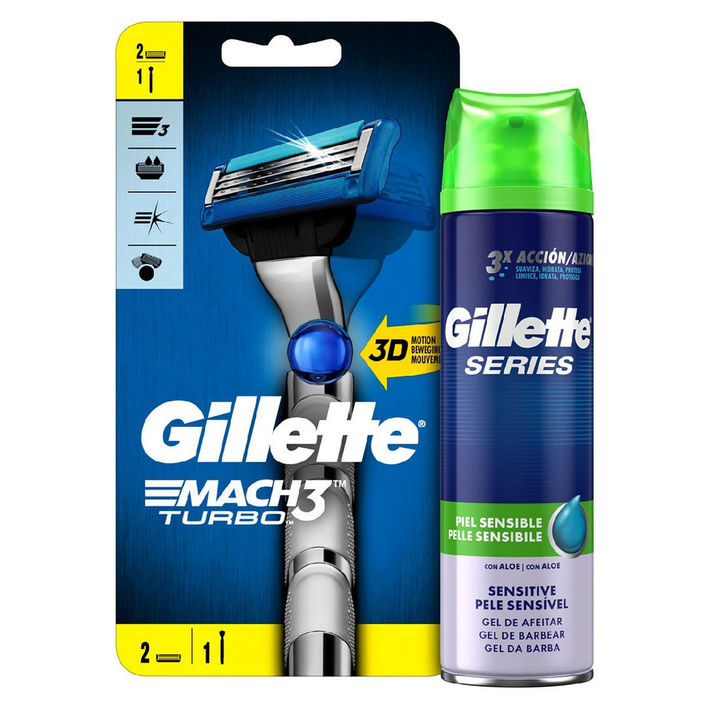 Gillette Mach3 Turbo 3D Razor & Sensitive Shaving Gel Bundle