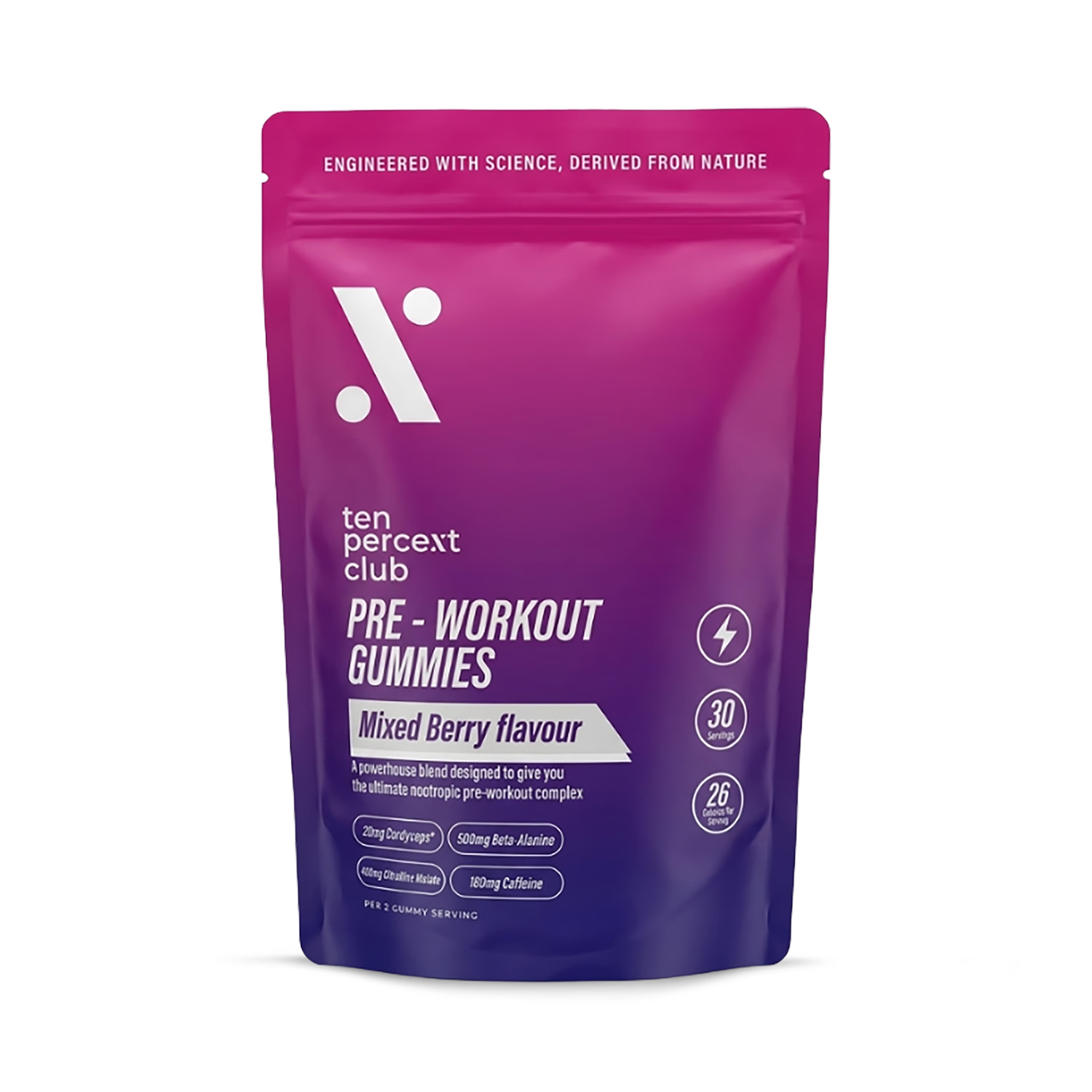 Ten Percent Club pre workout gummies mixed berry 60 count, UK version