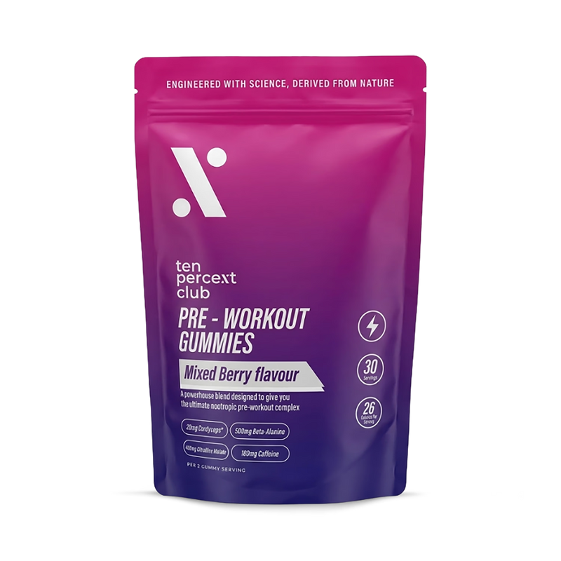 Ten Percent Club pre workout gummies mixed berry 60 count, UK version
