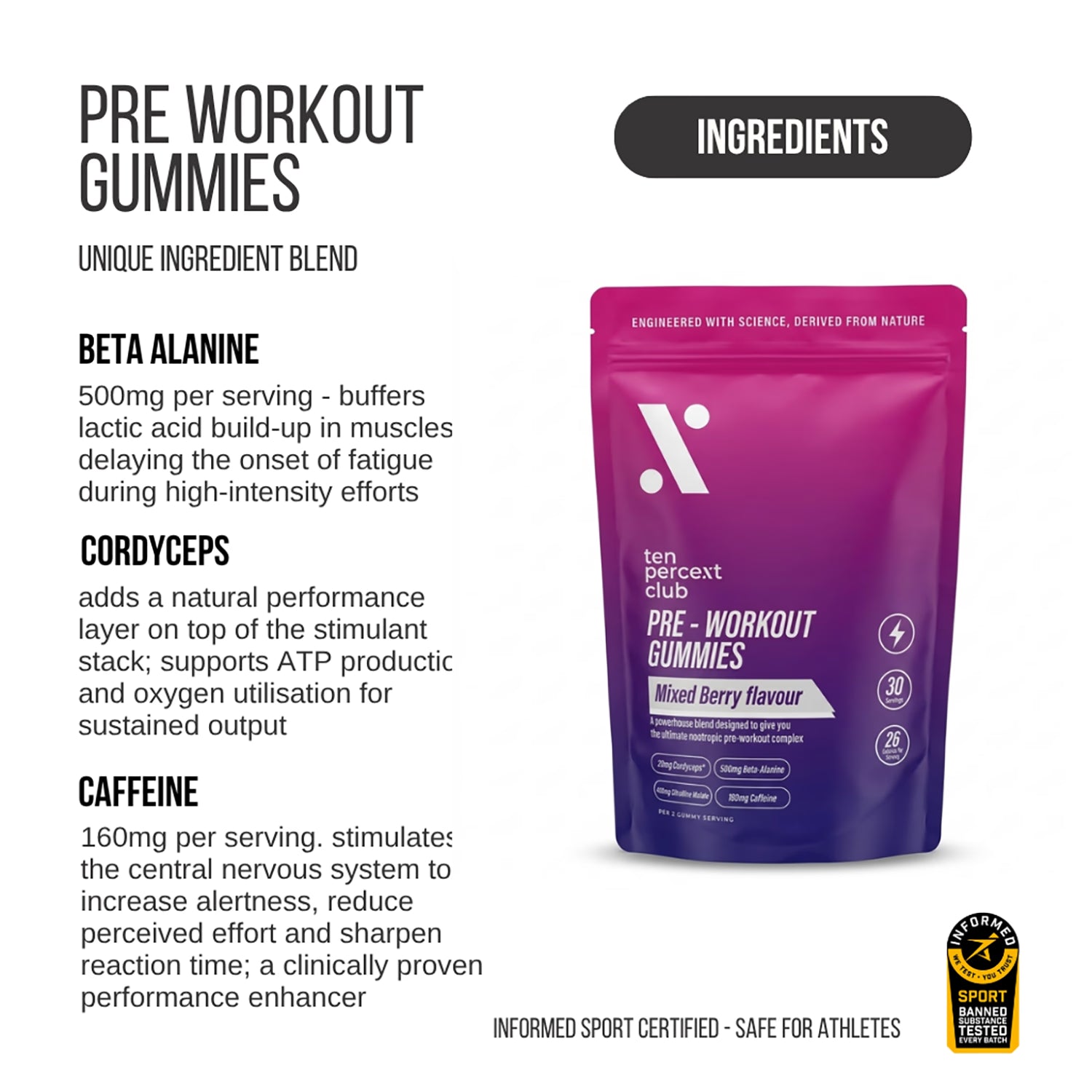 Ten Percent Club pre workout gummies mixed berry 60 count, UK version