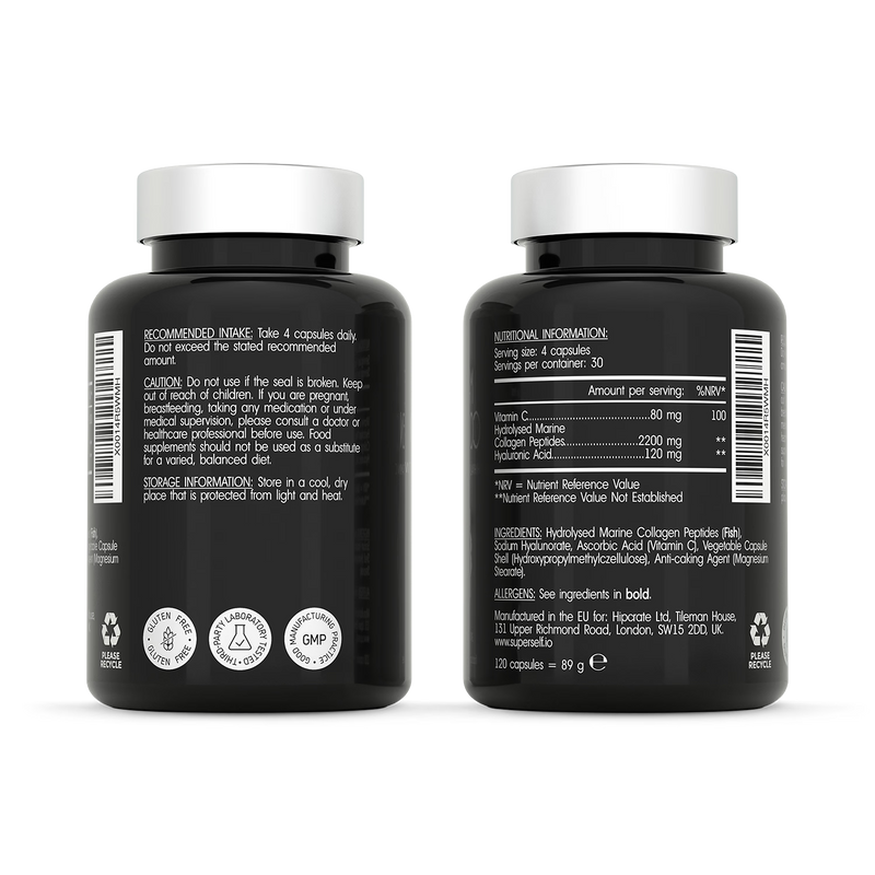 SuperSelf marine collagen hyaluronic acid vitamin C capsules 120 count, UK version