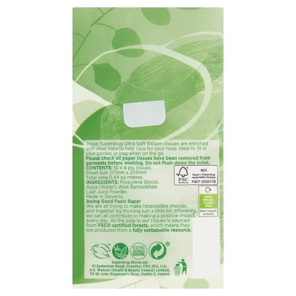 Superdrug balsam pocket tissues with Aloe Vera (British brand)