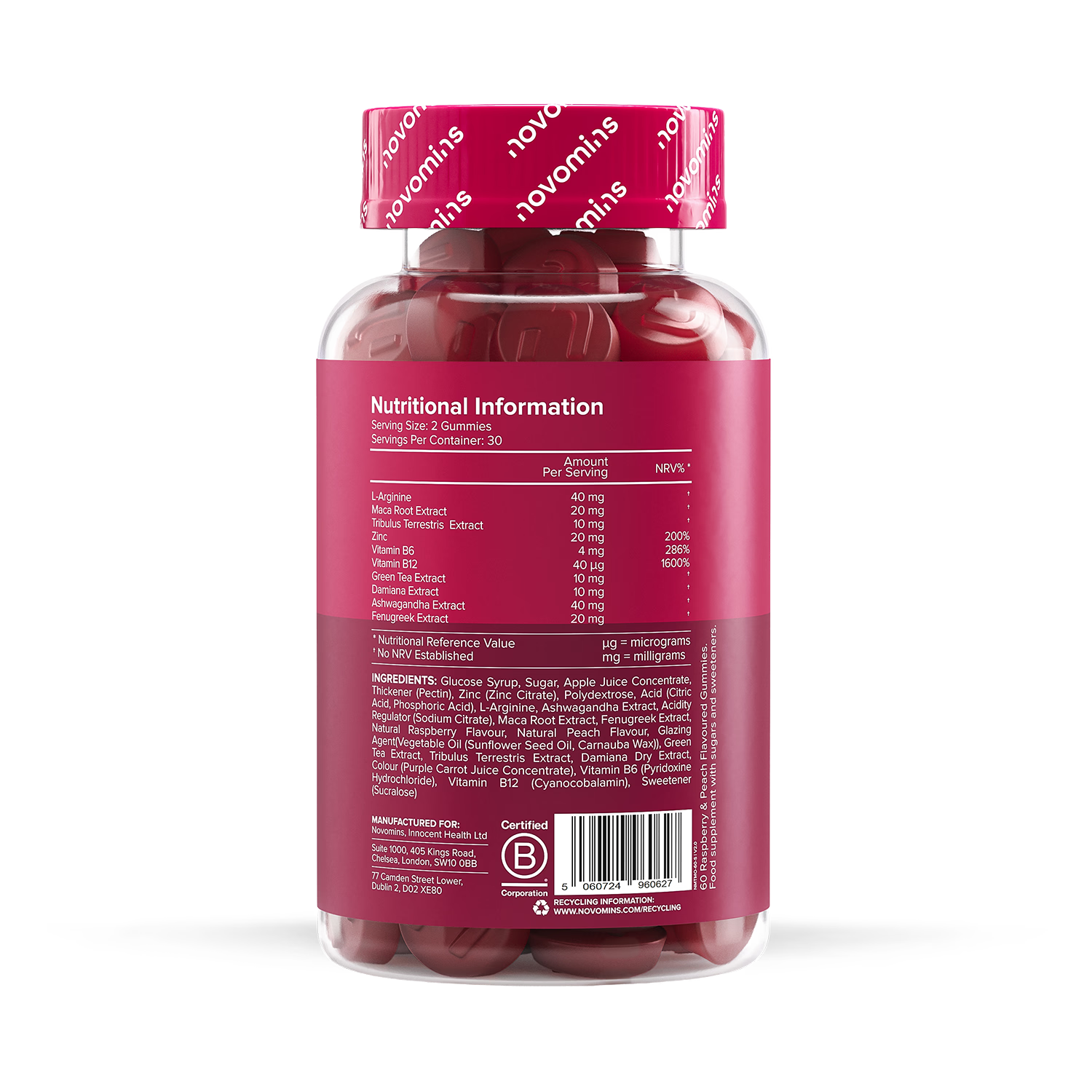 Novomins Libido gummies raspberry peach flavour 60 pack imported from the UK