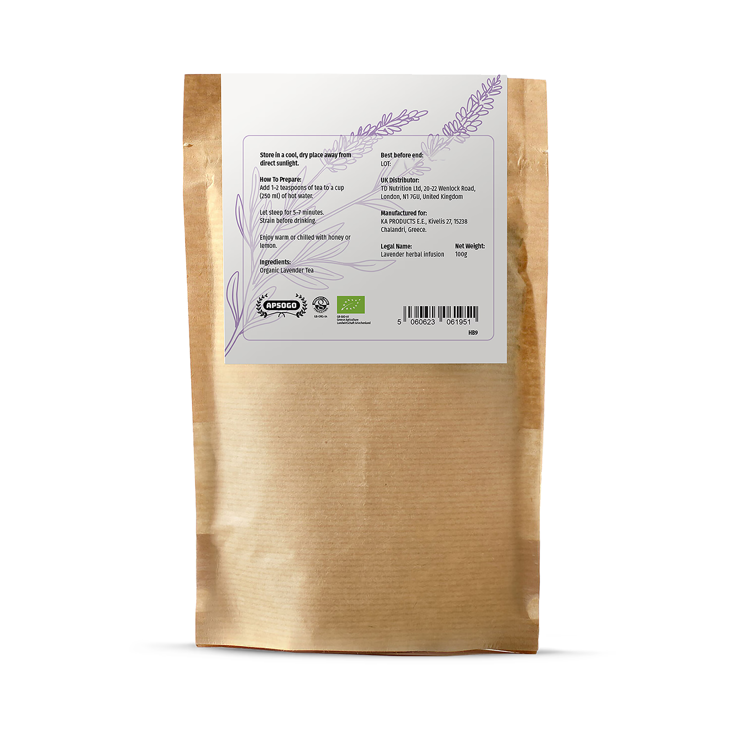 APSOGO organic lavender loose leaf herbal tea 100g - British product