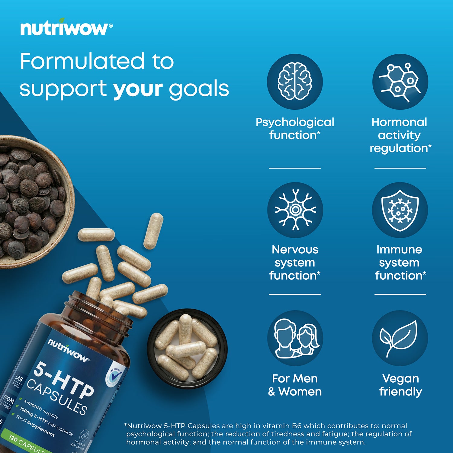 Nutriwow 5-HTP capsules 100mg 120 vegan capsules, imported from the UK