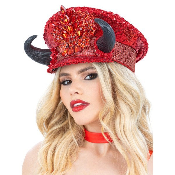 Fever Deluxe Devil Sequin Captains Hat with horns (British brand)