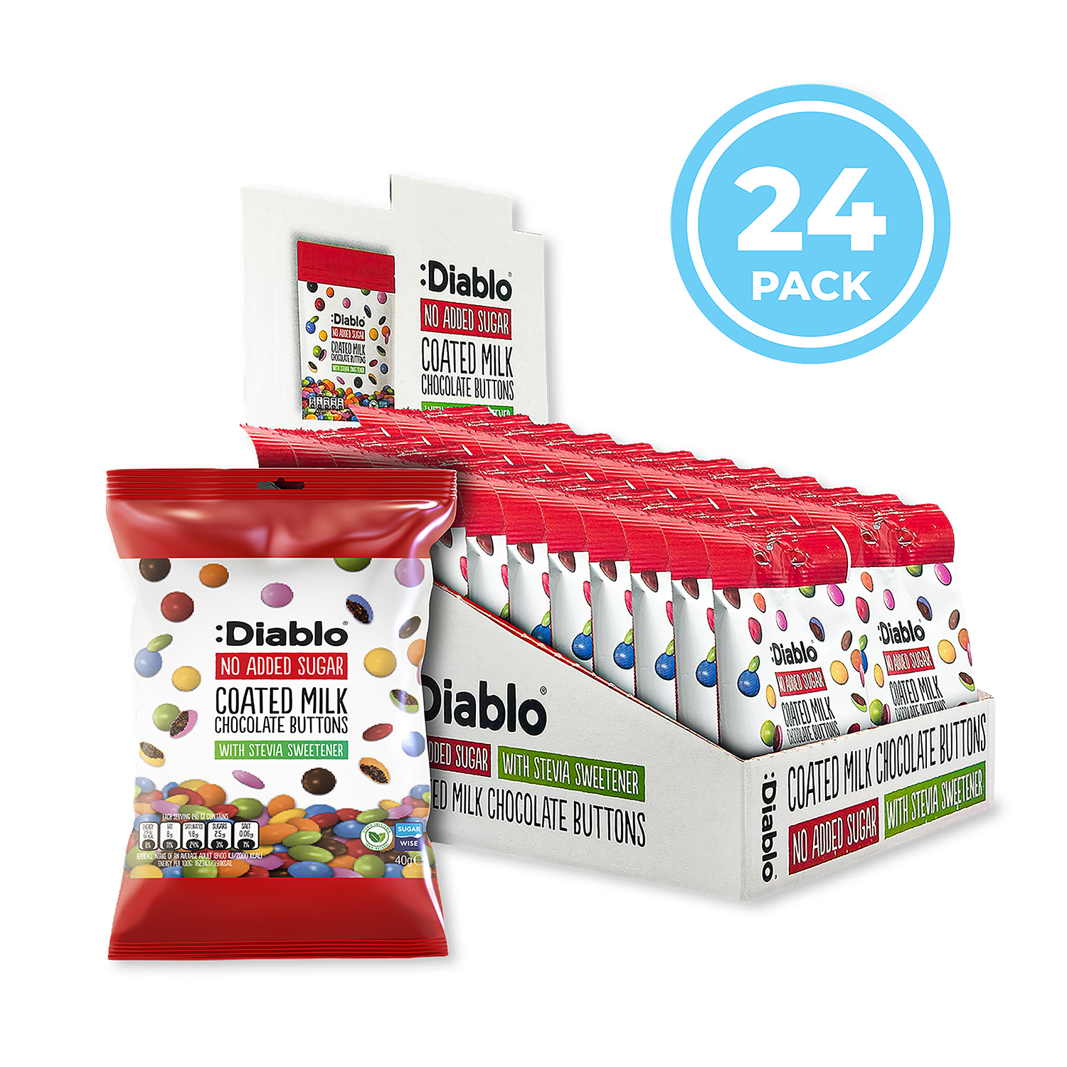 Diablo no added sugar milk chocolate buttons 40g (British brand)
