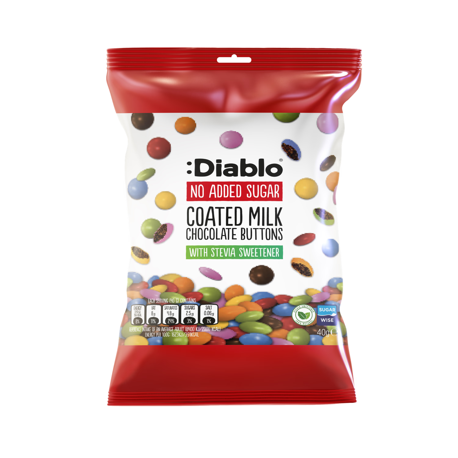 Diablo no added sugar milk chocolate buttons 40g (British brand)