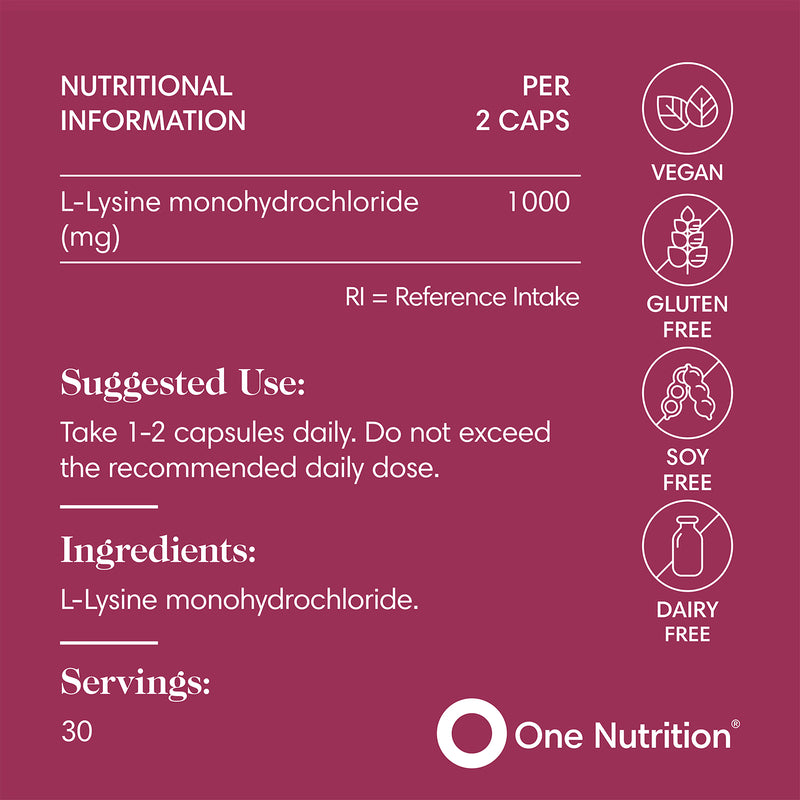 One Nutrition L-Lysine supplement 60 capsules, imported from the UK