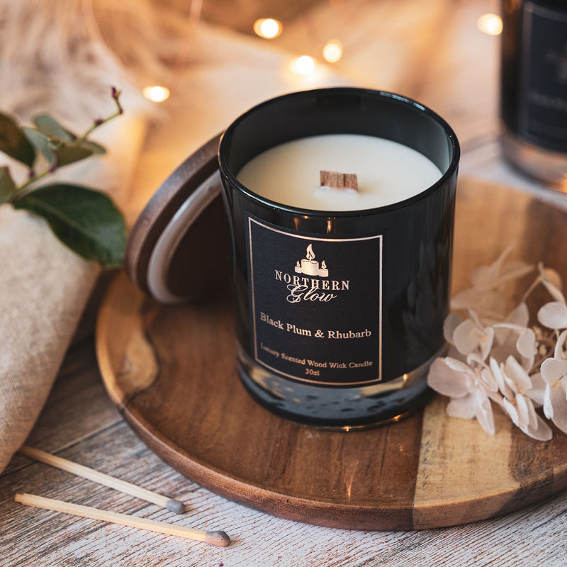 Black plum rhubarb scented wood wick candle, imported from the UK
