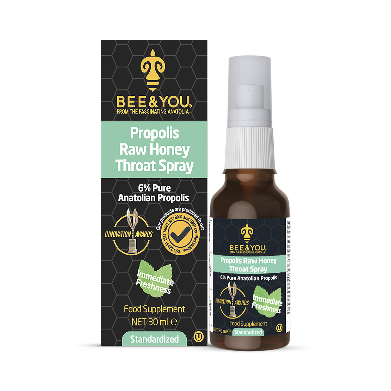 BEE&YOU Propolis Raw Honey Throat Spray 30ml, imported from the UK