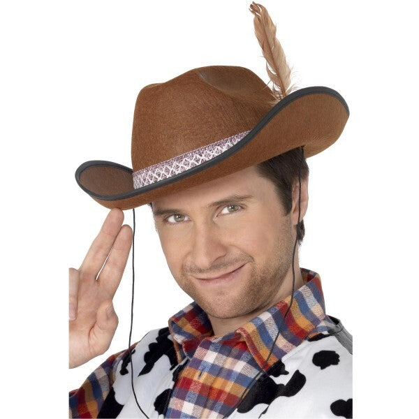 Smiffys Dallas hat brown felt with feather, UK version