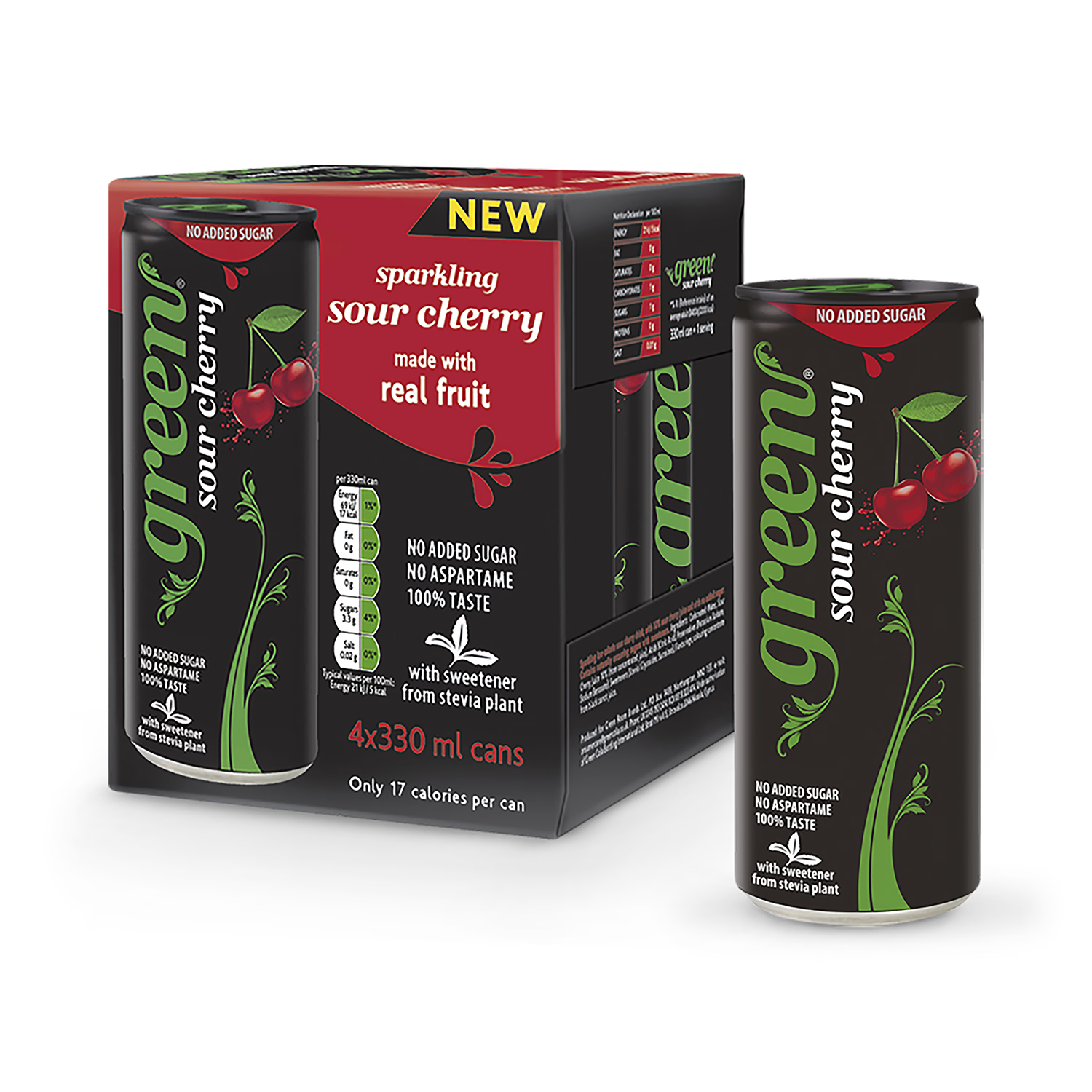 Green Sour Cherry low-calorie soft drink 4x330ml - British product