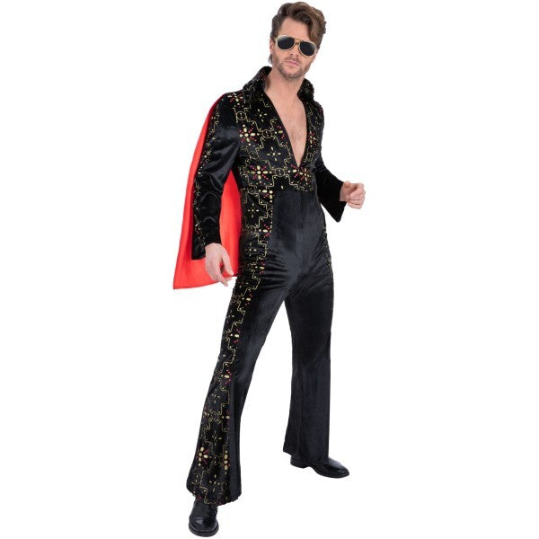 Smiffys Elvis black rhinestone costume jumpsuit cape, UK version