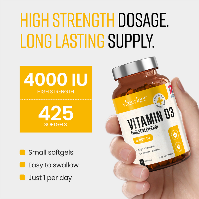 VitaBright vitamin D3 supplement 4000 IU 425 softgels, imported from the UK