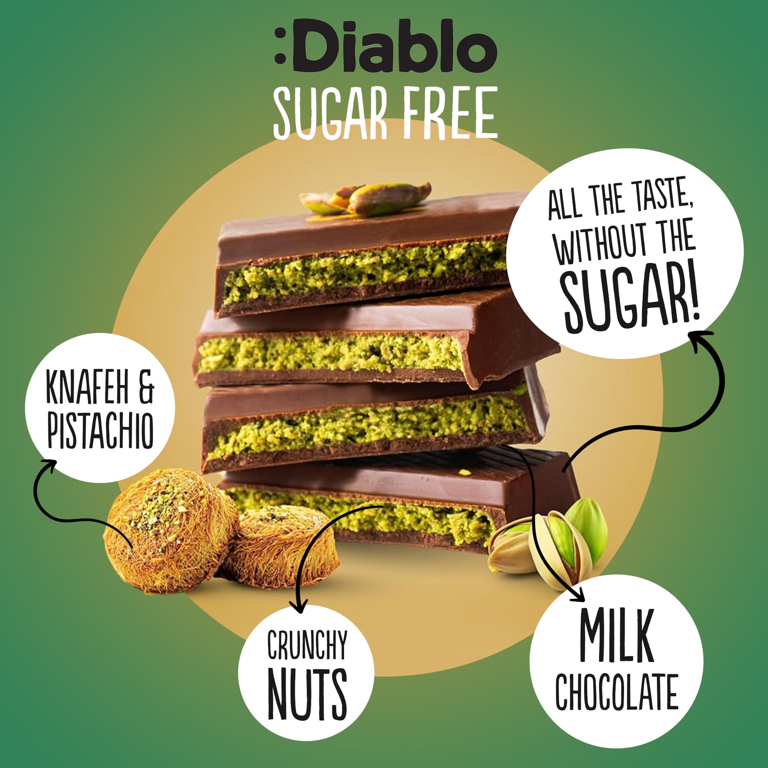 Diablo no added sugar Dubai chocolate bar 200g, UK version