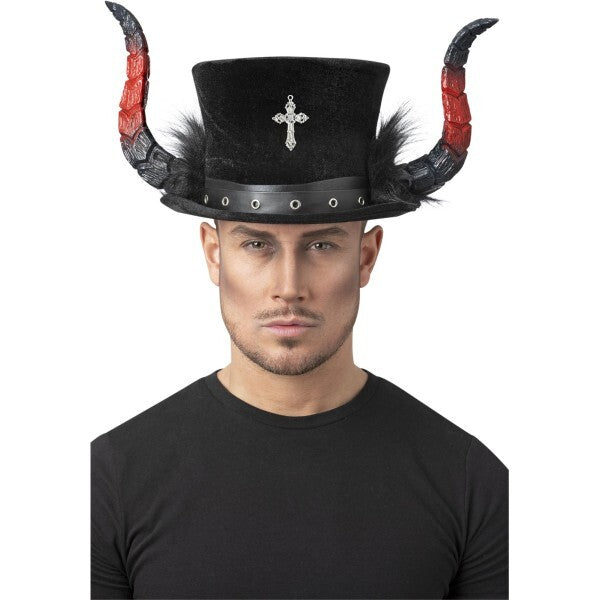 Smiffys deluxe devil top hat with horns and marabou - British product