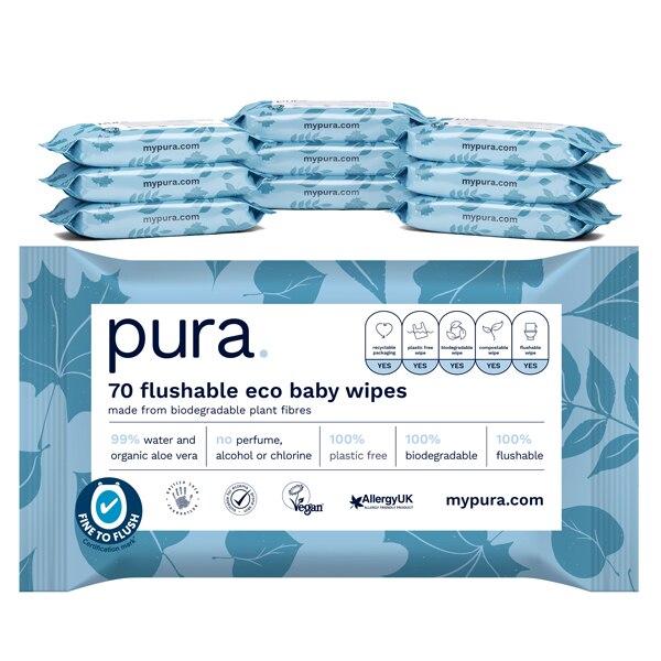 Pura Flushable Baby Wipes, 10 x 70 pack, (700 Wipes) GOODS Superdrug   